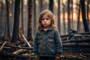 a little girl standing in a forest with a fire photo