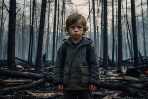 pequeño chico en pie en ardiente bosque, natural desastre concepto foto