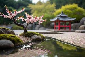 un Cereza florecer árbol es reflejado en el agua foto