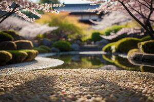 a cherry blossom tree is reflected in the water photo