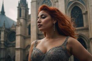 a woman with red hair and a dress in front of a cathedral photo