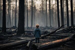 pequeño chico en pie en ardiente bosque, natural desastre concepto foto