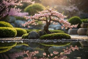 sakura bonsai tree in a pot on the ground photo