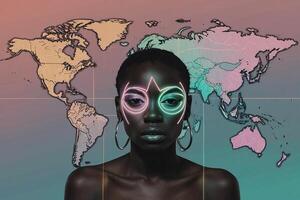 a woman with neon makeup and a world map behind her photo