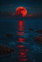 un rojo Luna sube terminado el Oceano foto