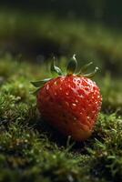 un fresa es sentado en parte superior de un verde herboso campo foto