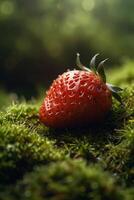 a strawberry is sitting on top of a green grassy field photo