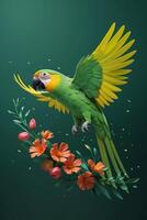 parrot with flowers and green background photo