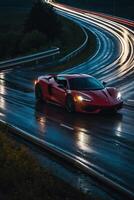 un Deportes coche conducción en un mojado la carretera a noche foto