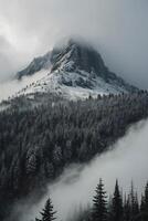 un montaña cubierto en nieve y arboles foto