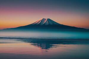 un lago con montañas en el antecedentes a puesta de sol foto