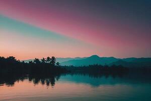 a lake with mountains in the background at sunset photo