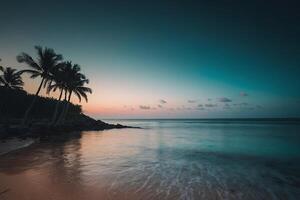 un playa con palma arboles y un puesta de sol foto