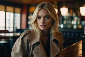 a woman in a trench coat sitting at a bar photo