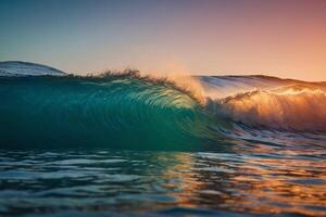 a wave breaking on the ocean at sunset photo