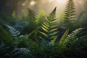 ferns in the forest at sunrise photo