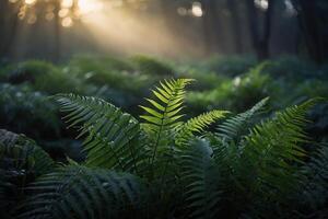 ferns in the forest at sunrise photo