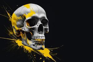 a skull with yellow paint splatters on it photo