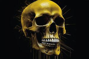 a skull with a yellow paint splatter on it photo