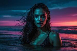 a beautiful woman in the ocean at sunset photo