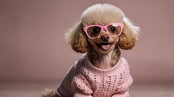 a poodle wearing pink glasses and a sweater photo