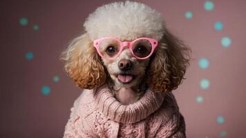 un caniche vistiendo rosado lentes y un suéter foto