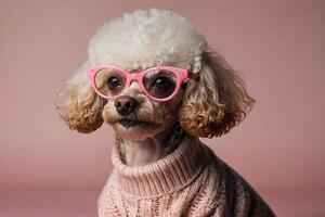 a poodle wearing pink glasses and a sweater photo