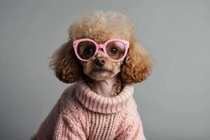 a poodle wearing pink glasses and a sweater photo