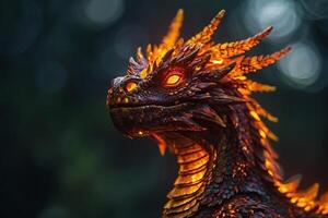 a close up of a dragon statue with glowing eyes photo