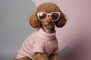 a poodle wearing pink glasses and a sweater photo