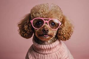 a poodle wearing pink glasses and a sweater photo
