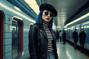 a woman with blue hair and a black hat standing in front of a subway train photo