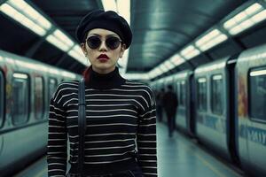 a woman wearing sunglasses and a hat standing in front of a subway train photo