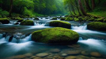 a painting of a mountain river and trees photo