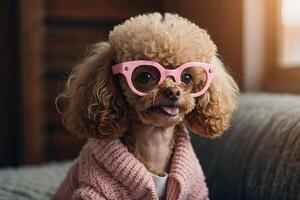 a poodle wearing pink glasses and a sweater photo