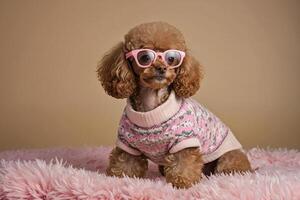 a poodle wearing pink glasses and a sweater photo