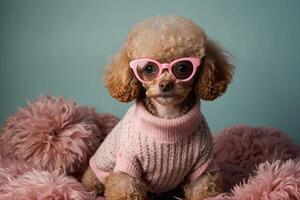 a poodle wearing pink glasses and a sweater photo