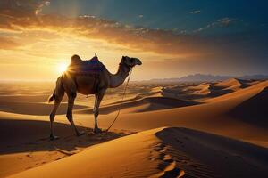 a desert scene with sand dunes and a sun setting photo