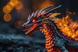 a dragon with glowing eyes and fire coming out of its mouth photo