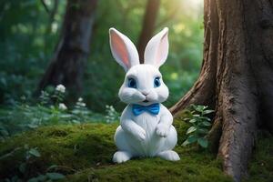 a rabbit is sitting in the middle of a forest photo