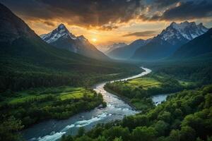 a painting of a mountain river and trees photo