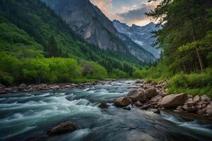 a river runs through a forest and mountains photo