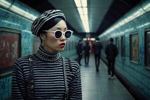 a woman wearing sunglasses and a plaid coat standing in front of a subway train photo