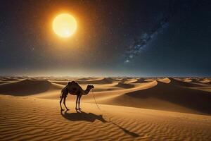 a camel is standing in the desert at night photo