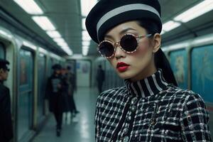 a woman wearing sunglasses and a hat in a subway photo