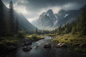 a river runs through a forest and mountains photo