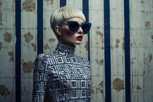 woman with short hair and sunglasses in front of a wall with a blue and white pattern photo