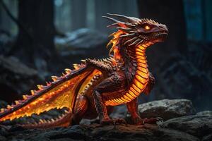 a dragon statue with glowing red eyes photo