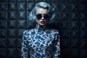 woman with short hair and sunglasses in front of a wall with a blue and white pattern photo