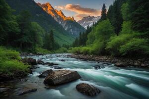 un río fluido mediante un montaña Valle a puesta de sol foto